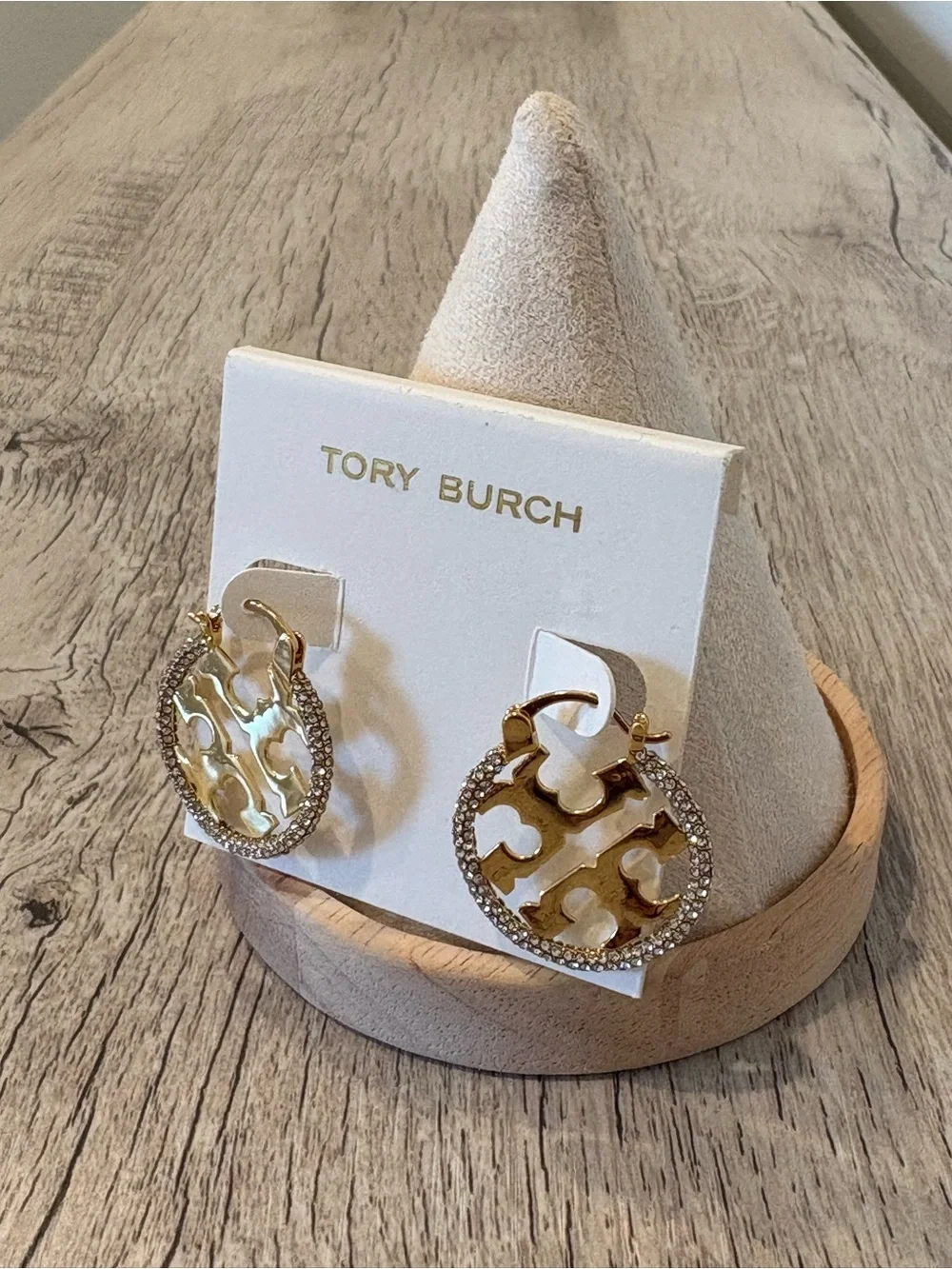 Tory Burch Gold Logo Crystal-Trim Round Drop Earrings